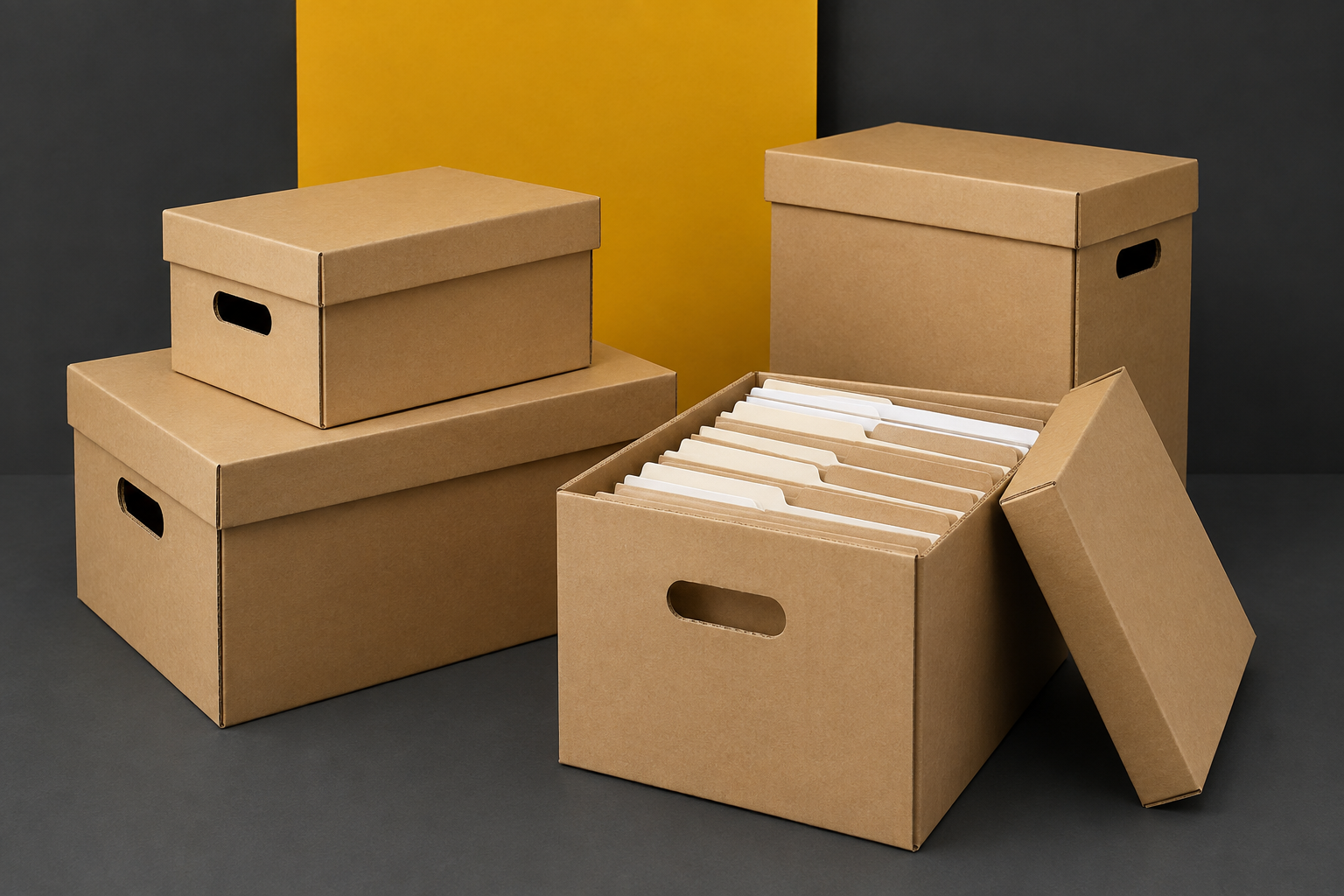 Corrugated document storage boxes with lids and hand holes