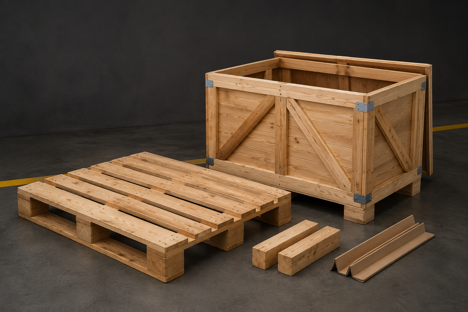 Industrial wooden pallet and export crate arranged in a clean studio setting